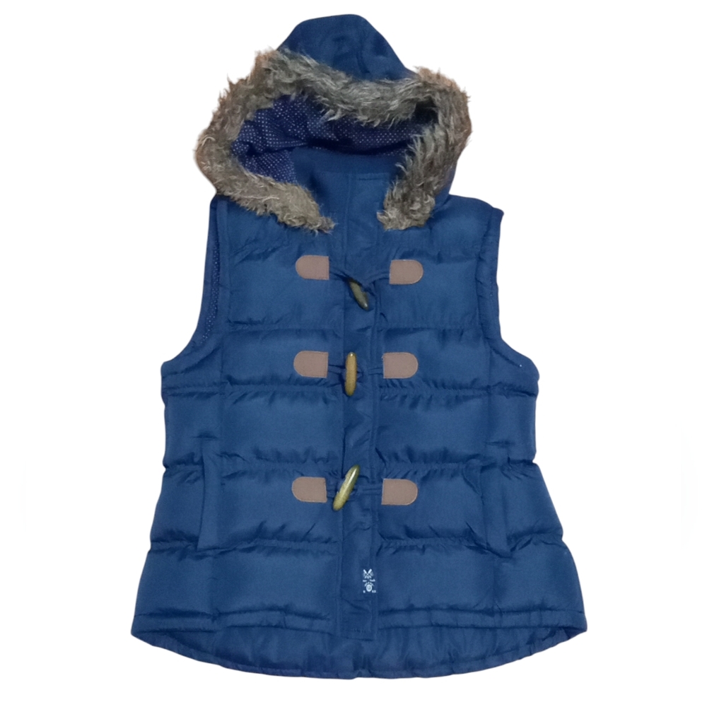 Tokyo Laundry Faux Fur Trim Navy Blue Hooded Women's Puffer Vest Size L